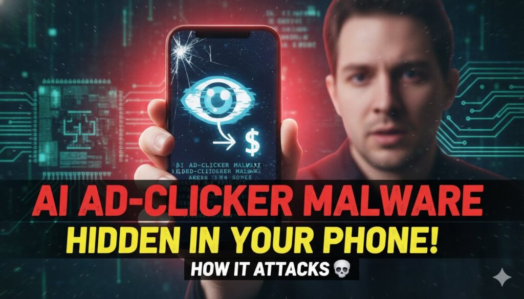 एक Android फोन पर AI मैलवेयर का ग्राफिकल रिप्रेजेंटेशन, जहां स्क्रीन पर छिपे ads क्लिक हो रहे हैं।