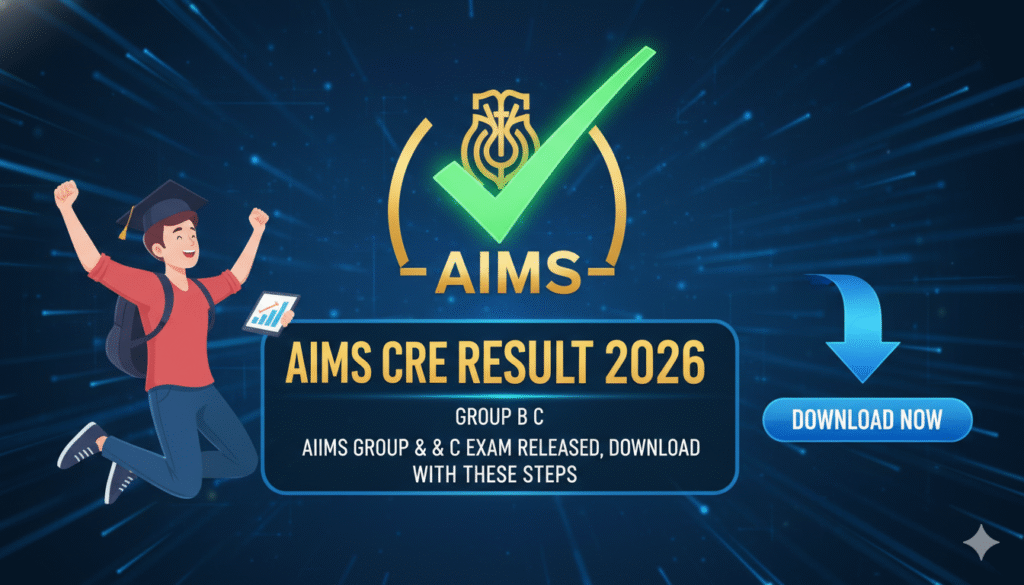 एम्स सीआरई रिजल्ट 2026 की घोषणा दिखाती स्क्रीन