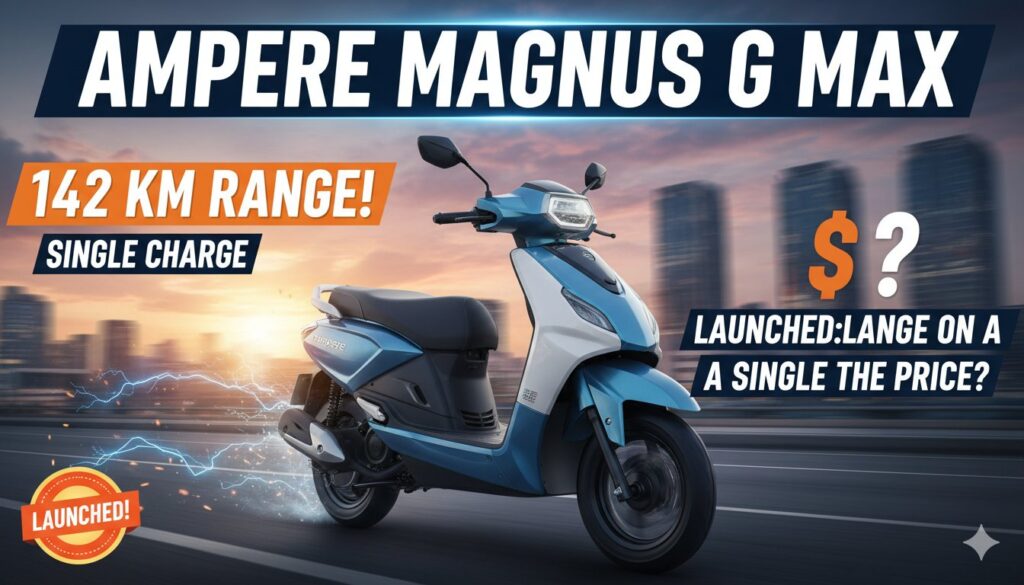 Ampere Magnus G Max इलेक्ट्रिक स्कूटर का नीला वेरिएंट, जो सिटी रोड पर चल रहा है।