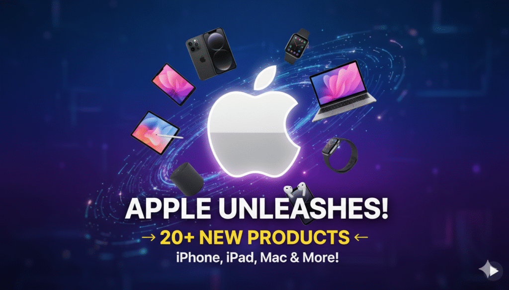 Apple के नए प्रोडक्ट्स की लाइनअप दिखाती इमेज, जिसमें iPhone, iPad और Mac शामिल हैं।