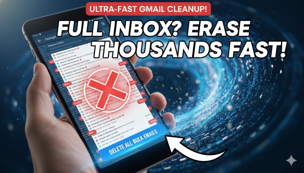 Gmail इनबॉक्स फुल स्क्रीनशॉट के साथ बल्क ई-मेल डिलीट बटन हाइलाइट