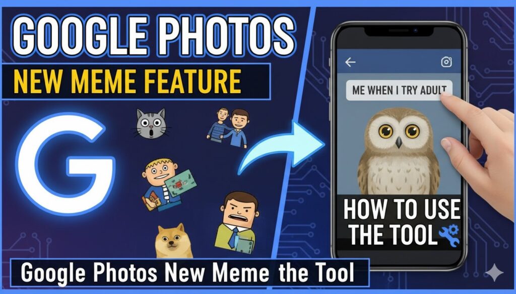 Google Photos ऐप में Me Meme फीचर का स्क्रीनशॉट, जहां एक सेल्फी को मीम टेम्प्लेट में कन्वर्ट किया जा रहा है।