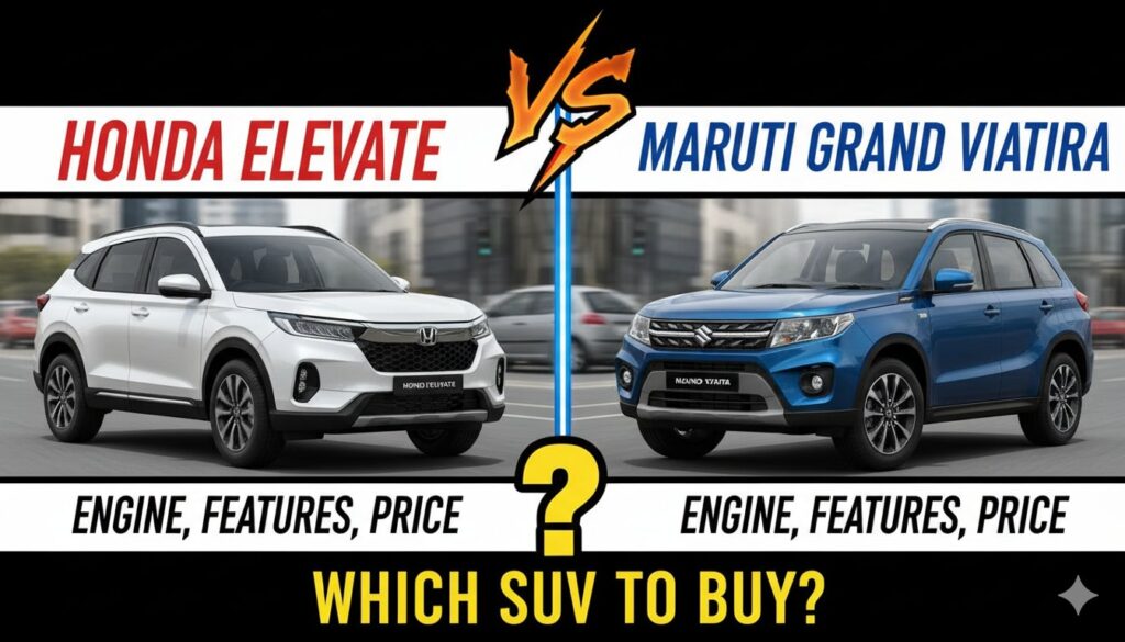 Honda Elevate और Maruti Grand Vitara SUVs की साइड-बाय-साइड तुलना इमेज, जिसमें दोनों कारें पार्क की गई दिख रही हैं।