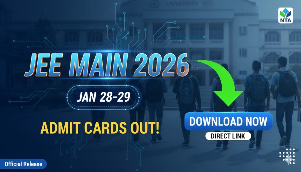 JEE Main 2026 एडमिट कार्ड डाउनलोड स्क्रीनशॉट के साथ NTA वेबसाइट का दृश्य