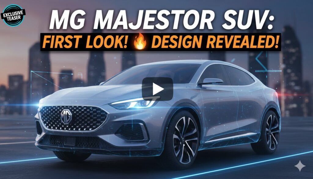 MG Majestor SUV का फ्रंट टीजर इमेज जिसमें Majestic Matrix Grille और Falcon LED DRLs दिखाई दे रहे हैं