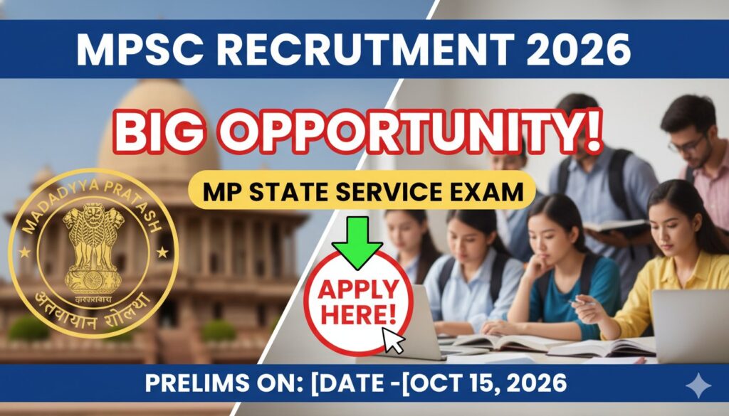 एमपीपीएससी राज्य सेवा परीक्षा 2026 की अधिसूचना और आवेदन प्रक्रिया का ग्राफिक प्रतिनिधित्व
