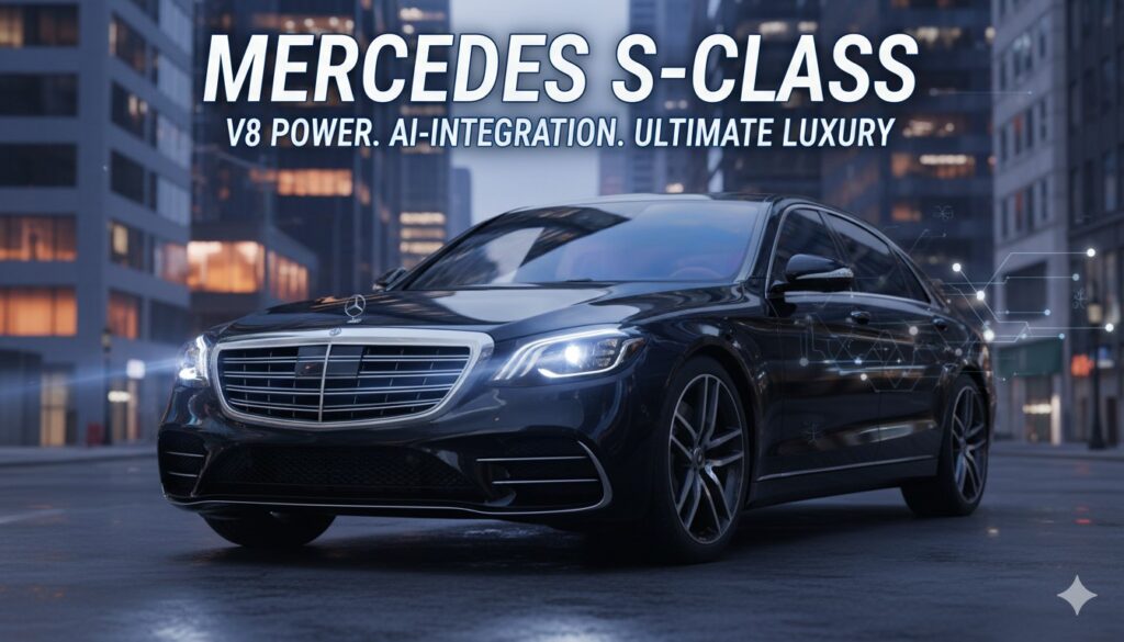 नई Mercedes S-Class लग्जरी सेडान का फ्रंट व्यू, जिसमें इल्यूमिनेटेड ग्रिल और डिजिटल लाइट हेडलैंप्स दिखाई दे रहे हैं