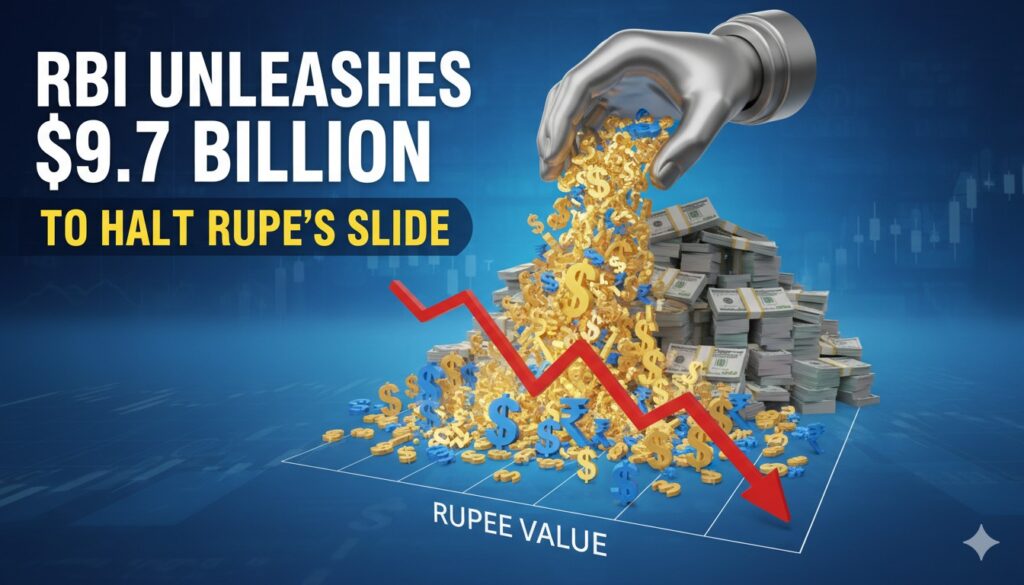 RBI मुख्यालय की इमारत और रुपया-डॉलर एक्सचेंज रेट ग्राफ