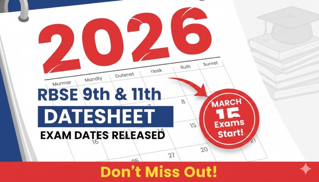 राजस्थान बोर्ड कक्षा 9वीं और 11वीं 2026 परीक्षा डेटशीट कैलेंडर के साथ छात्र पढ़ाई करते हुए