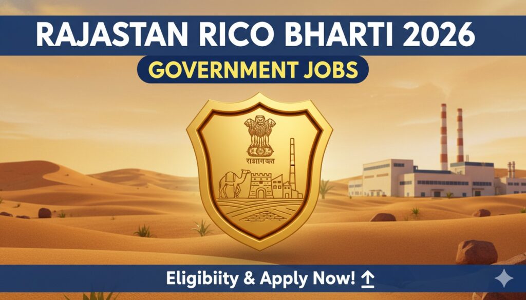 राजस्थान RIICO भर्ती 2026 का आधिकारिक नोटिफिकेशन और आवेदन फॉर्म दिखाता हुआ ग्राफिक।