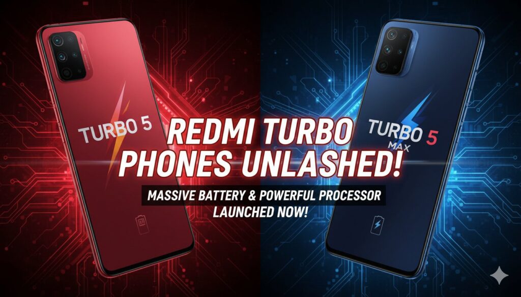 Redmi Turbo 5 Max स्मार्टफोन की ऑफिशियल इमेज जिसमें बड़ी बैटरी और पावरफुल प्रोसेसर हाइलाइटेड है।