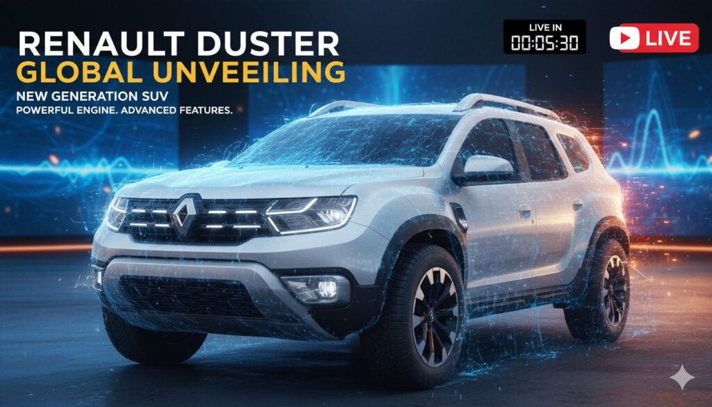 नई Renault Duster SUV का फ्रंट व्यू, जिसमें रग्ड डिजाइन और LED हेडलैंप्स दिख रहे हैं।