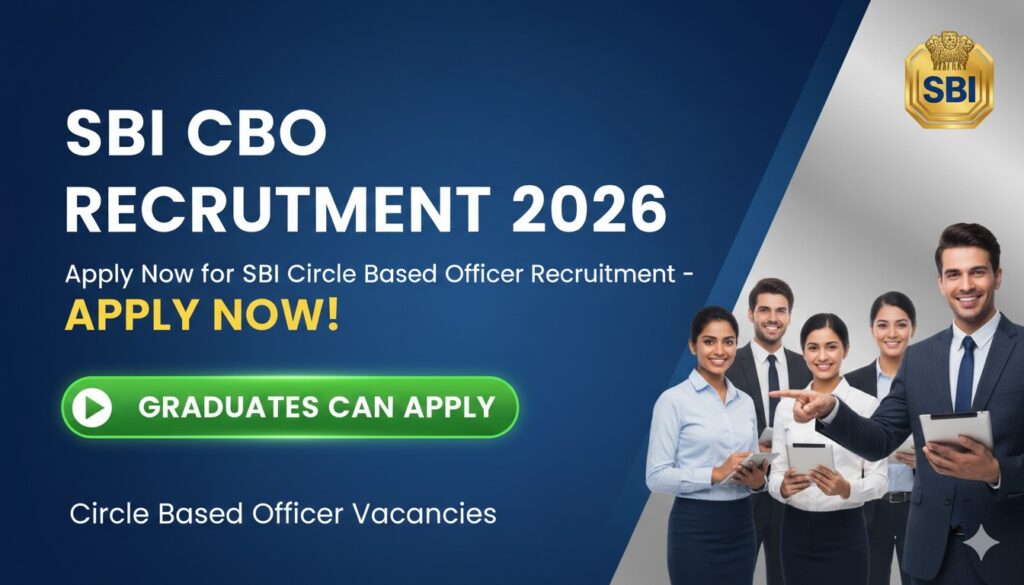 एसबीआई सर्किल बेस्ड ऑफिसर भर्ती 2026 का पोस्टर जिसमें बैंक लोगो और आवेदन डिटेल्स दिखाई दे रहे हैं।