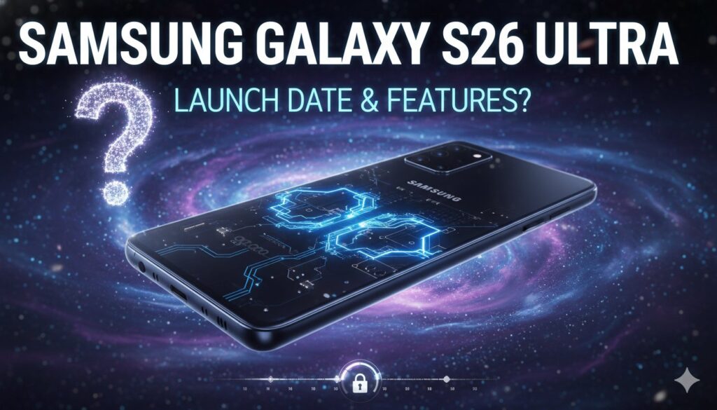 Samsung Galaxy S26 Ultra स्मार्टफोन का रेंडर इमेज जिसमें हाई-रेजोल्यूशन डिस्प्ले और कैमरा सेटअप दिख रहा है।