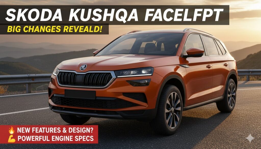 स्कोडा कुशाक फेसलिफ्ट का फ्रंट व्यू जिसमें इल्यूमिनेटेड ग्रिल और LED हेडलाइट्स दिख रहे हैं