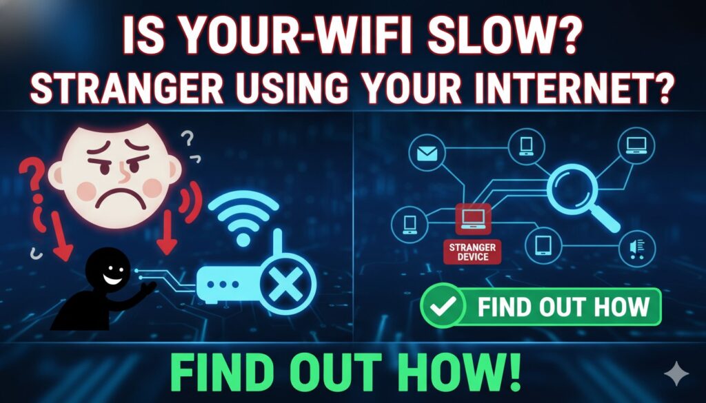 Slow Wi-Fi network with unauthorized device alert on router screen
