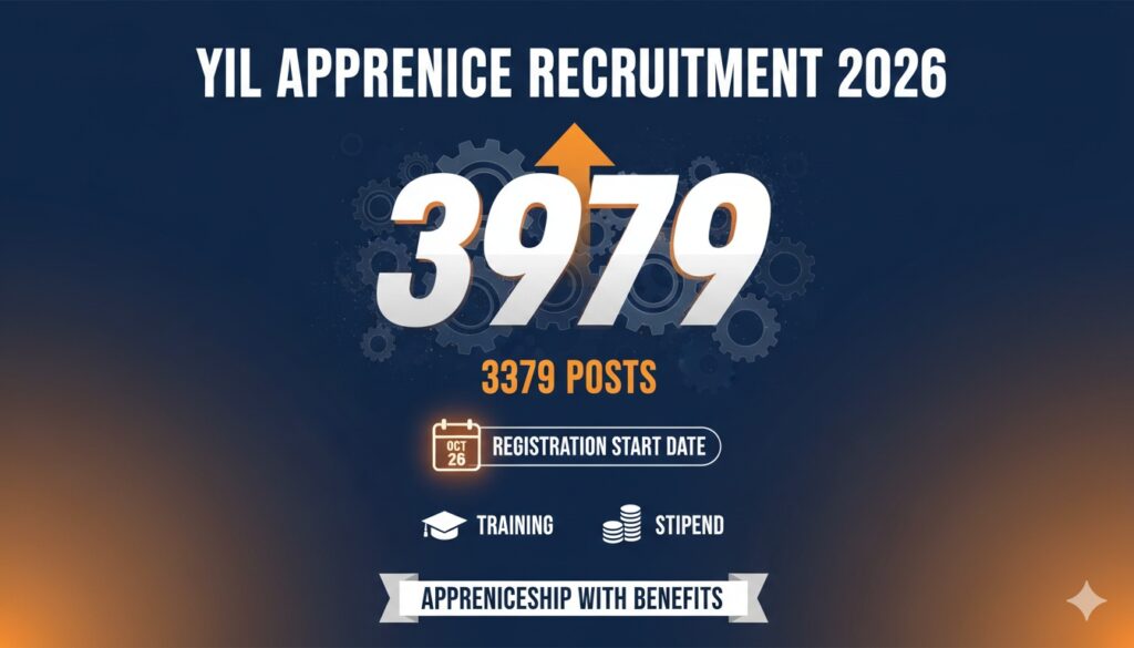 यंत्र इंडिया लिमिटेड अप्रेंटिस भर्ती 2026 का आधिकारिक पोस्टर दिखाते हुए युवा अप्रेंटिस फैक्ट्री वर्कशॉप में ट्रेनिंग लेते हुए।