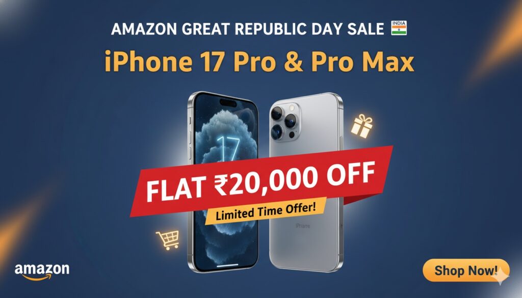 अमेज़न ग्रेट रिपब्लिक डे सेल 2026 में iPhone 17 Pro और Pro Max पर डिस्काउंट दिखाता बैनर।