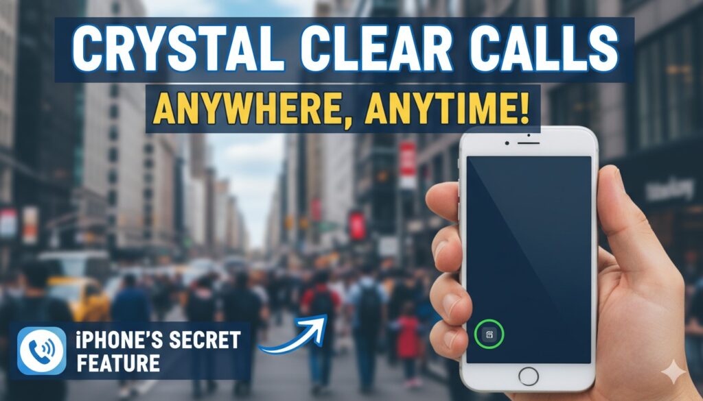 iPhone स्क्रीन पर Voice Isolation फीचर एक्टिवेट दिखाते हुए, बैकग्राउंड में भीड़-भाड़ वाला बाजार।