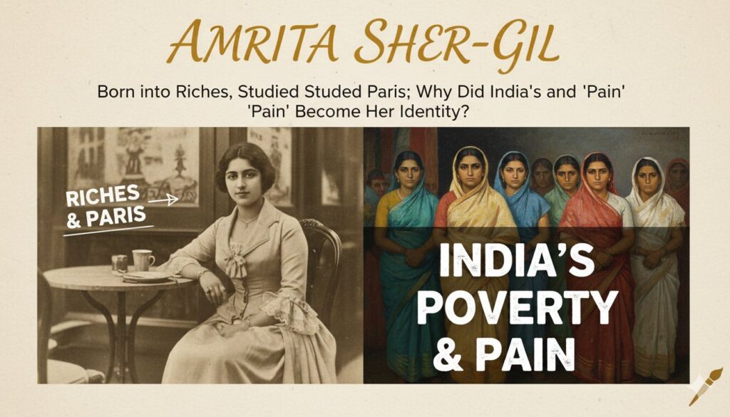 अमृता शेरगिल की सेल्फ-पोर्ट्रेट पेंटिंग जिसमें वे भारतीय साड़ी में दिख रही हैं।