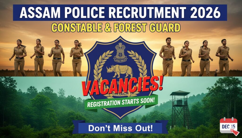 असम पुलिस भर्ती 2026 की अधिसूचना दिखाती हुई इमेज जिसमें पुलिस यूनिफॉर्म में उम्मीदवार और फॉरेस्ट गार्ड शामिल हैं