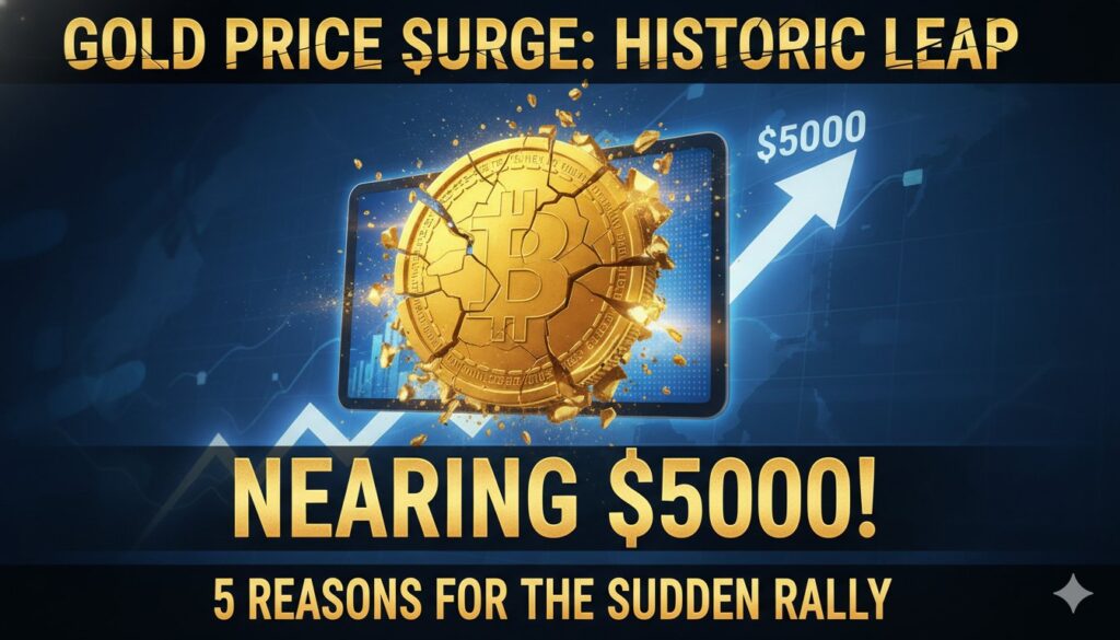 सोने की कीमतों में ऐतिहासिक उछाल दिखाता ग्राफ और चमकदार सोने की सलाखें।