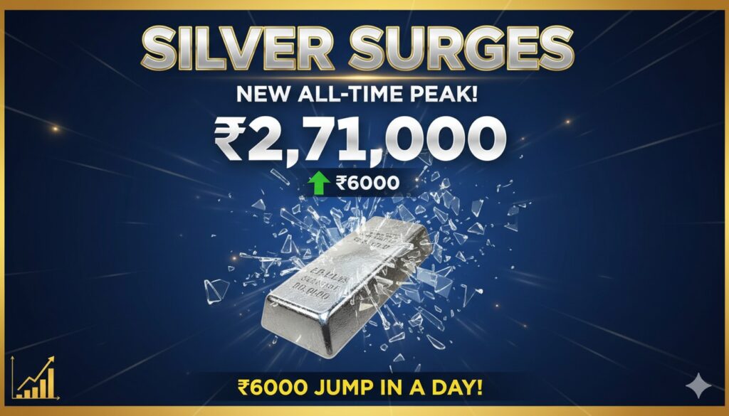 चांदी के सिक्के और बार का क्लोजअप, बैकग्राउंड में बढ़ती कीमत का ग्राफ, 2.71 लाख रुपये का रिकॉर्ड हाई दिखाते हुए