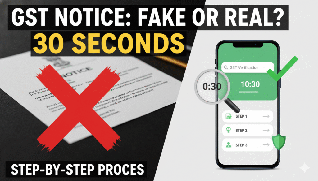 जीएसटी नोटिस की असलियत जांचते हुए मोबाइल स्क्रीन पर DIN वेरीफिकेशन प्रोसेस दिखाता इमेज