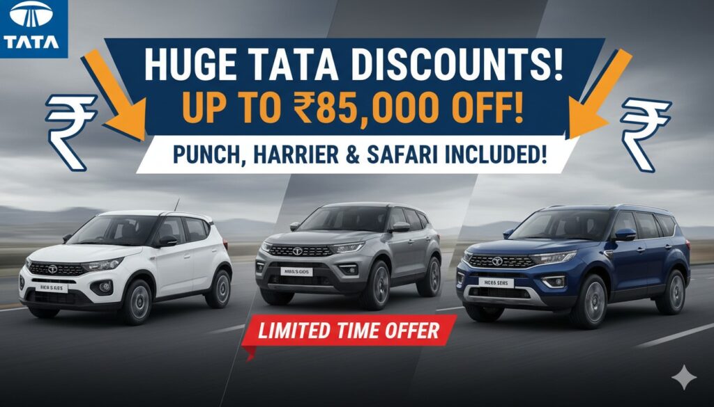 टाटा Punch, Harrier और Safari कारों की इमेज पर 85,000 रुपये छूट का ग्राफिक