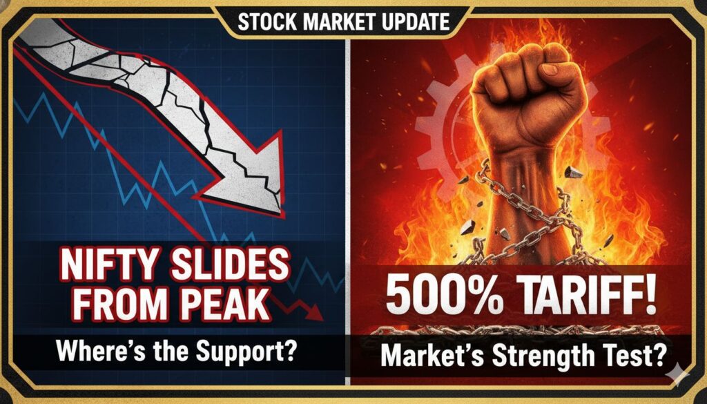 निफ्टी 50 इंडेक्स का ग्राफ जो रिकॉर्ड हाई से गिरावट और सपोर्ट लेवल दिखा रहा है