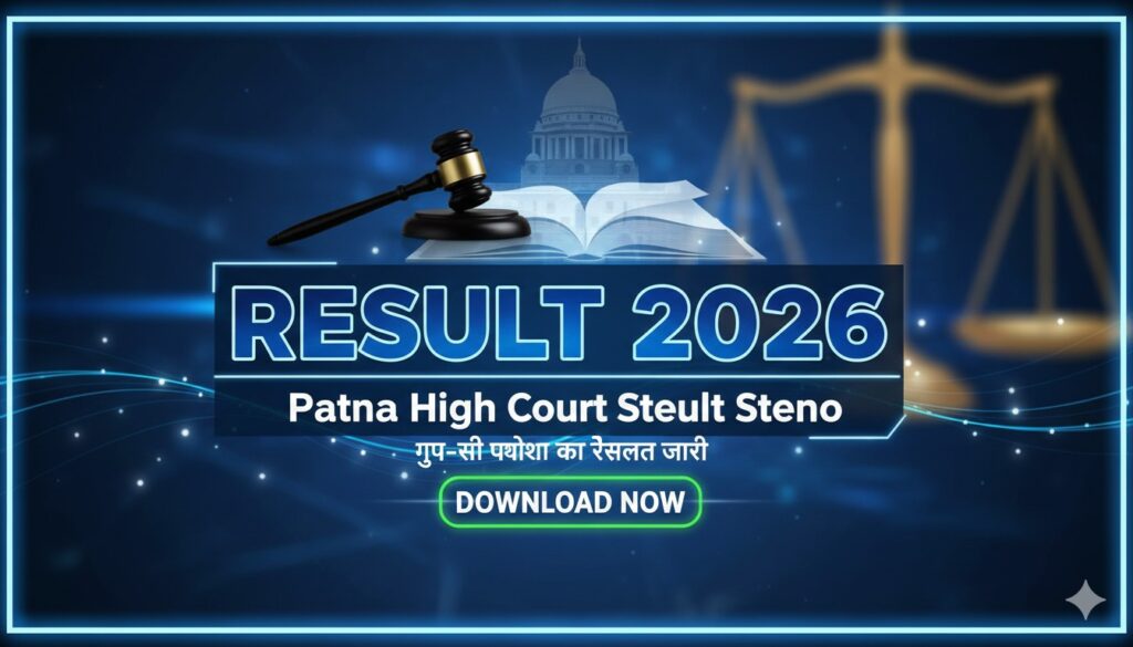 पटना हाईकोर्ट भवन के सामने स्टेनोग्राफर रिजल्ट घोषणा का ग्राफिक प्रतिनिधित्व.