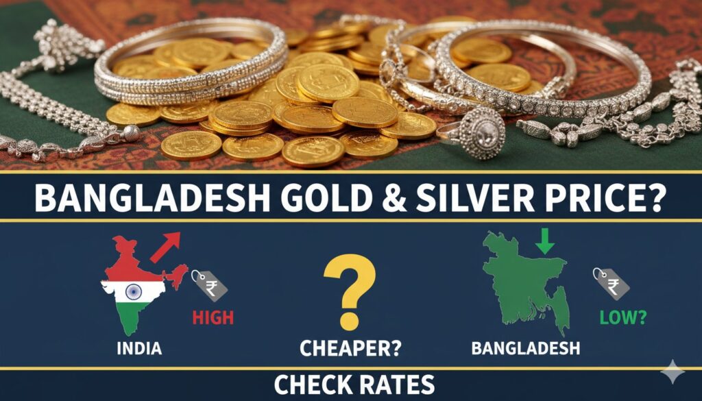 बांग्लादेश और भारत में सोने-चांदी की कीमतों की तुलना दिखाती ग्राफिक इमेज
