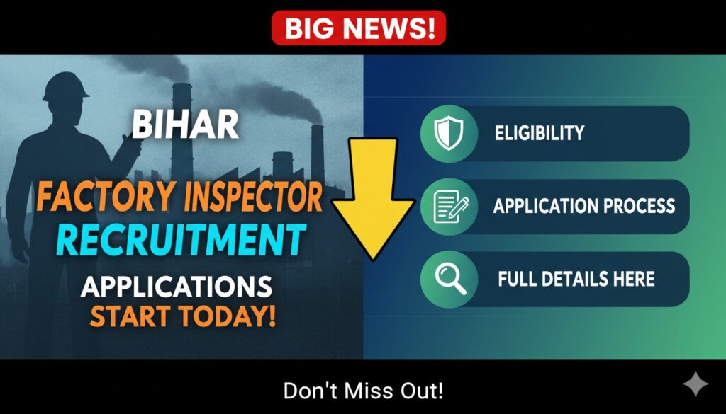 बिहार कारखाना निरीक्षक भर्ती 2026 के लिए आवेदन प्रक्रिया दिखाती इमेज, BPSC लोगो के साथ