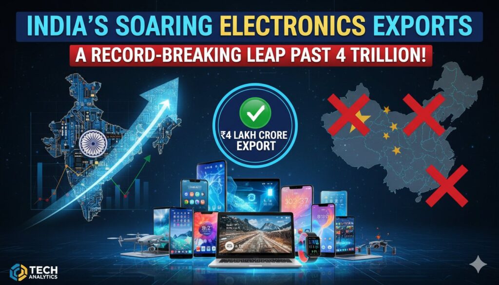 भारत इलेक्ट्रॉनिक्स निर्यात ग्राफ दिखाते हुए चार्ट और भारतीय झंडा