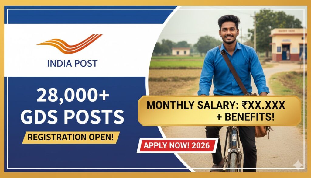 भारत पोस्ट जीडीएस भर्ती 2026 का आधिकारिक पोस्टर जिसमें रिक्तियां और आवेदन विवरण दिखाए गए हैं