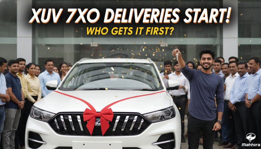 महिंद्रा XUV 7XO SUV की चमकदार फ्रंट ग्रिल और LED हेडलाइट्स वाली इमेज