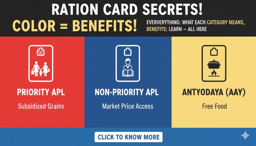 विभिन्न रंगों वाले राशन कार्डों का चित्रण जो भारत में कैटेगरी और लाभ दर्शाता है।
