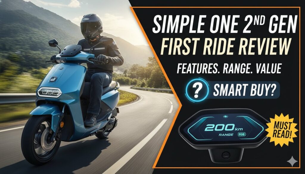 सिंपल वन जेन 2 इलेक्ट्रिक स्कूटर का फ्रंट व्यू, ब्लैक कलर में हाईवे पर चलते हुए