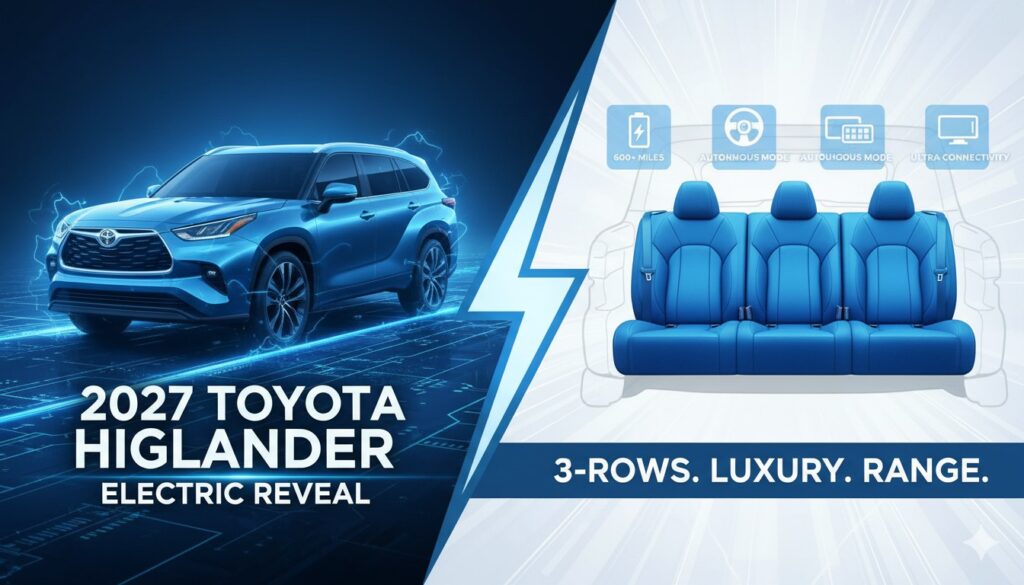 2027 Toyota Highlander इलेक्ट्रिक SUV का फ्रंट व्यू, ग्रिल-लेस डिजाइन और LED लाइट्स के साथ