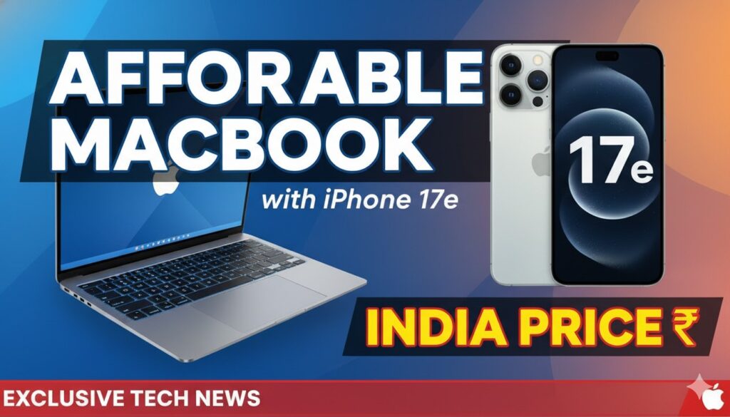 Apple iPhone 17e और सस्ते MacBook का कॉन्सेप्ट इमेज, जिसमें दोनों डिवाइस दिखाए गए हैं