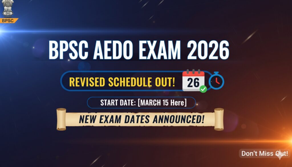 बीपीएससी AEDO परीक्षा 2026 की रिवाइज्ड डेट शीट दिखाती इमेज, अप्रैल 2026 कैलेंडर हाइलाइट के साथ