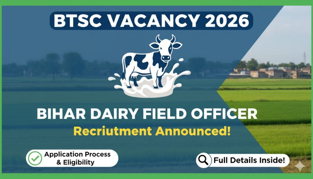 बिहार में BTSC डेयरी फील्ड ऑफिसर भर्ती 2026 की अधिसूचना, आवेदन प्रक्रिया और पात्रता दिखाते हुए ग्राफिक