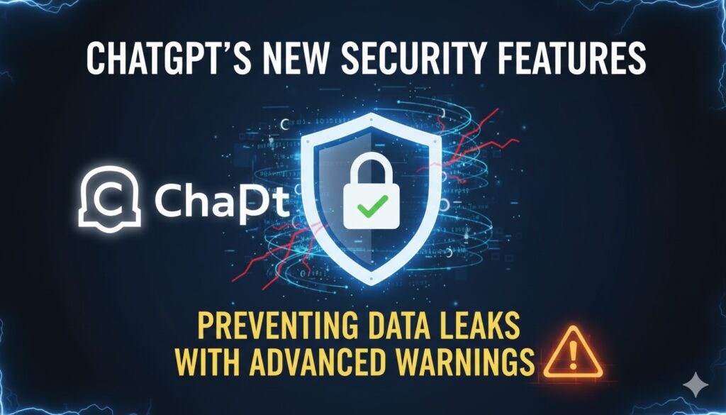 ChatGPT Lockdown Mode और Elevated Risk वॉर्निंग दिखाता हुआ स्क्रीनशॉट, डेटा सिक्योरिटी फीचर्स हाइलाइट