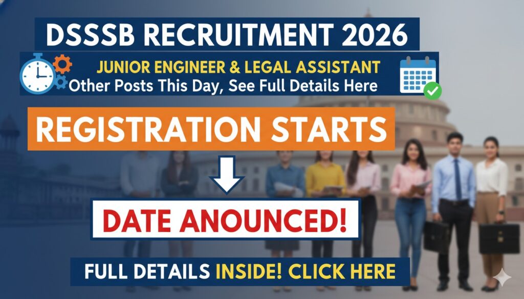 दिल्ली DSSSB भर्ती 2026 के लिए जूनियर इंजीनियर, लीगल असिस्टेंट और ASO पदों पर 911 रिक्तियों का ग्राफिक