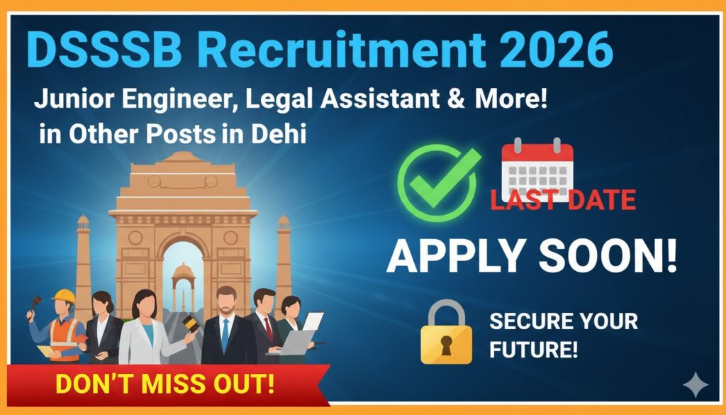 दिल्ली में DSSSB भर्ती 2026 के तहत जूनियर इंजीनियर और लीगल असिस्टेंट पदों की भर्ती, ऑनलाइन आवेदन प्रक्रिया