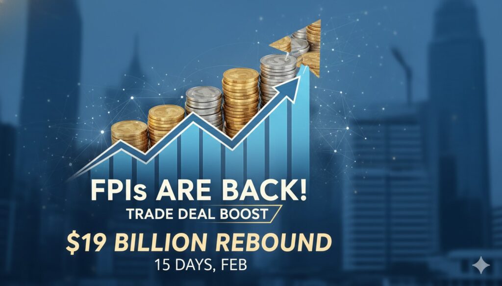 अमेरिकी-भारतीय ट्रेड डील के बाद FPIs द्वारा भारतीय शेयर बाजार में ₹19,675 करोड़ की इनफ्लो दिखाता ग्राफ और स्टॉक मार्केट चार्ट
