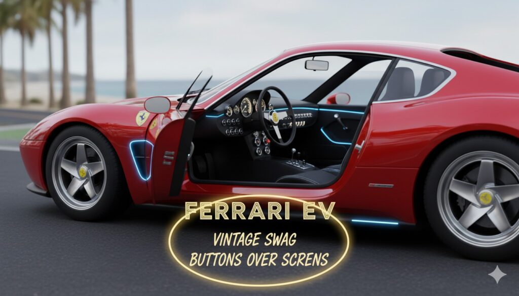 Ferrari Luce की पहली इलेक्ट्रिक कार का इंटीरियर, जिसमें तीन-स्पोक अल्यूमिनियम स्टेयरिंग व्हील और ढेर सारे फिजिकल बटन्स दिख रहे हैं