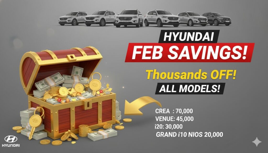 Hyundai cars lined up with discount tags in promotional offer for February 2026