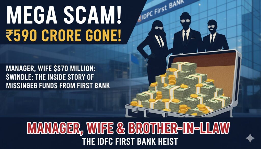 आईडीएफसी फर्स्ट बैंक का लोगो और 590 करोड़ रुपये के घोटाले की ग्राफिक इमेज, जिसमें फर्जी चेक और गिरफ्तारी की तस्वीरें दिखाई गई हैं