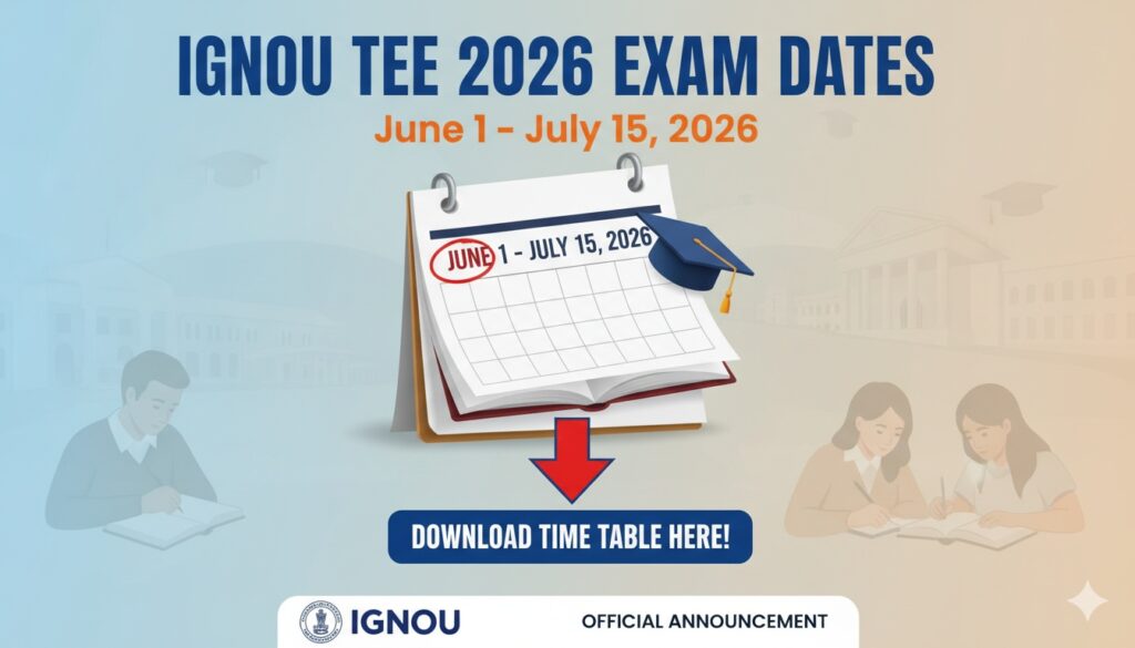 IGNOU TEE June 2026 date sheet calendar with exam dates from 1 June to 15 July